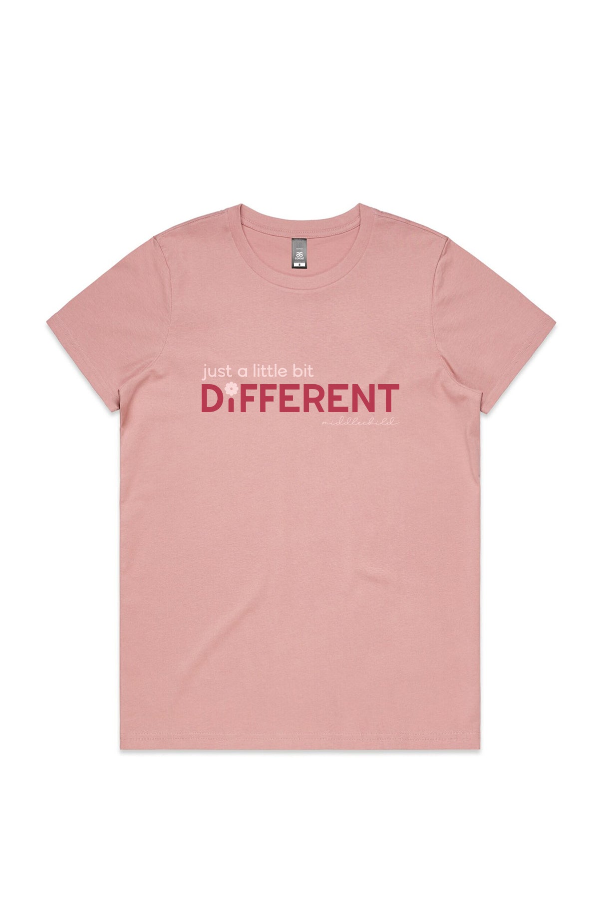 A rose pink coloured t-shirt is pictured flat against a white background. The t-shirt has the words just a little bit different written across the chest in a light pink and bright pink colour, with a daisy shape replacing the dot in the i. 