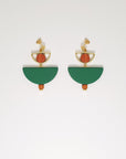 A pair of stud dangle earrings sit against a white background. They feature a small half circle brass piece with a wooden circle bead enclosed, below this hangs a green D shape bead followed by a small wooden bead and a tiny gold bead.