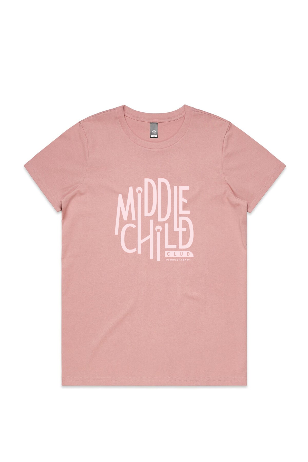 A rose pink coloured t-shirt is pictured flat against a white background. The t-shirt has the words middle child club written across the chest in graphic text in a light pink colour.