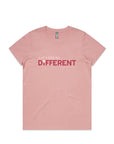 A rose pink coloured t-shirt is pictured flat against a white background. The t-shirt has the words just a little bit different written across the chest in a light pink and bright pink colour, with a daisy shape replacing the dot in the i. 