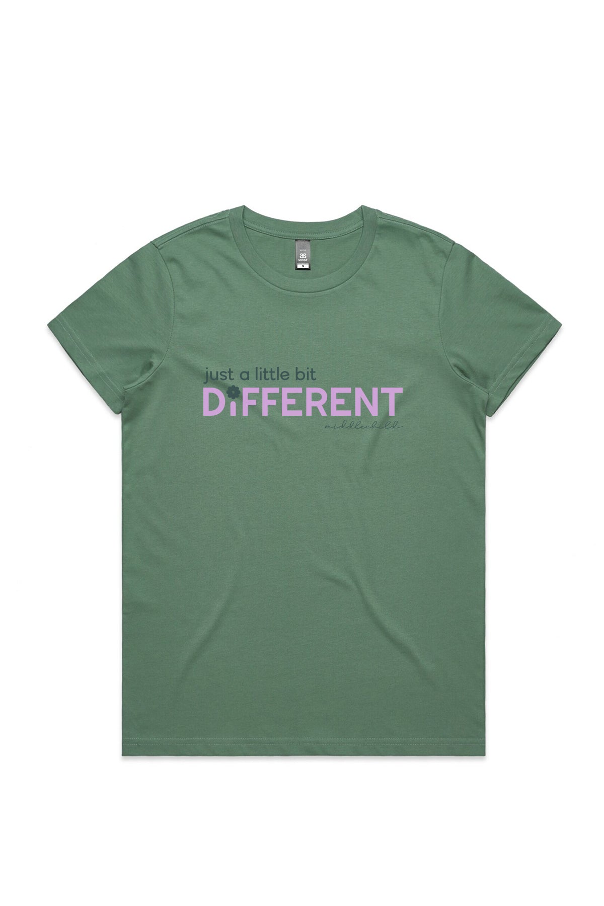 A sage green coloured t-shirt is pictured flat against a white background. The t-shirt has the words just a little bit different written across the chest in a dark green and purple colour, with a daisy shape replacing the dot in the i.