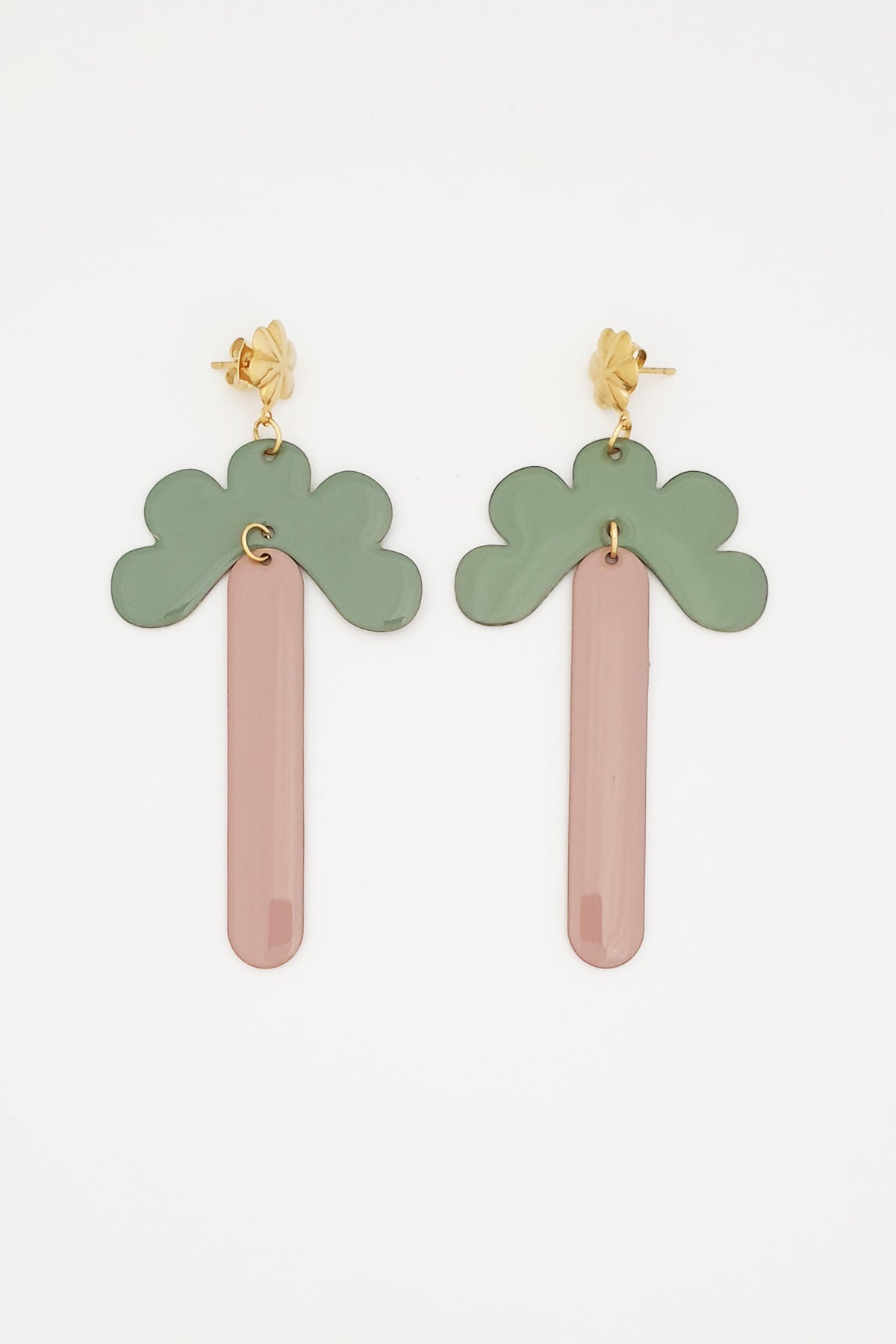 A pair of stud dangle earrings lay against a white background. They feature a gold flower shaped stud top, a duckegg enamel connector piece with resemblance to a half flower, and a mauve enamel drop.